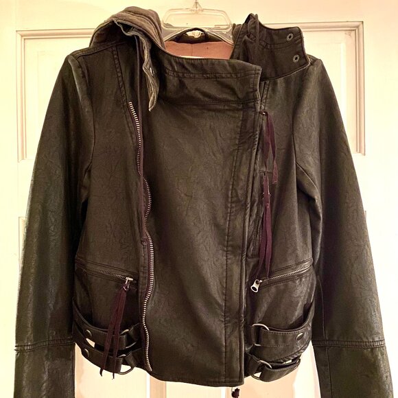 We The Free Womens Black Vegan Leather Hooded Moto Jacket - XS/S - Picture 2 of 6